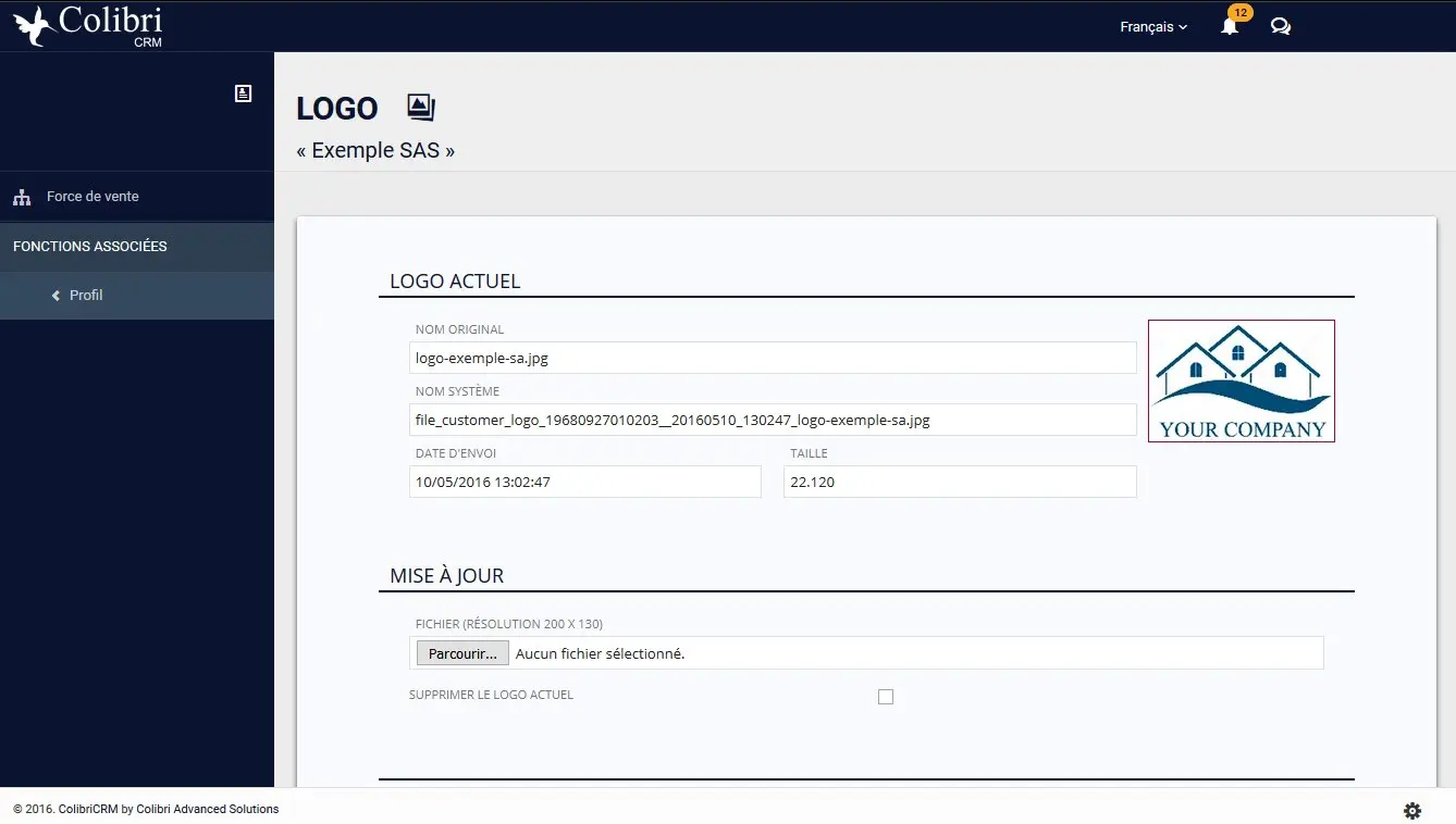Personnalisez votre profil utilisateur ColibriCRM en ajoutant le logo de votre TPE ou de votre PME.