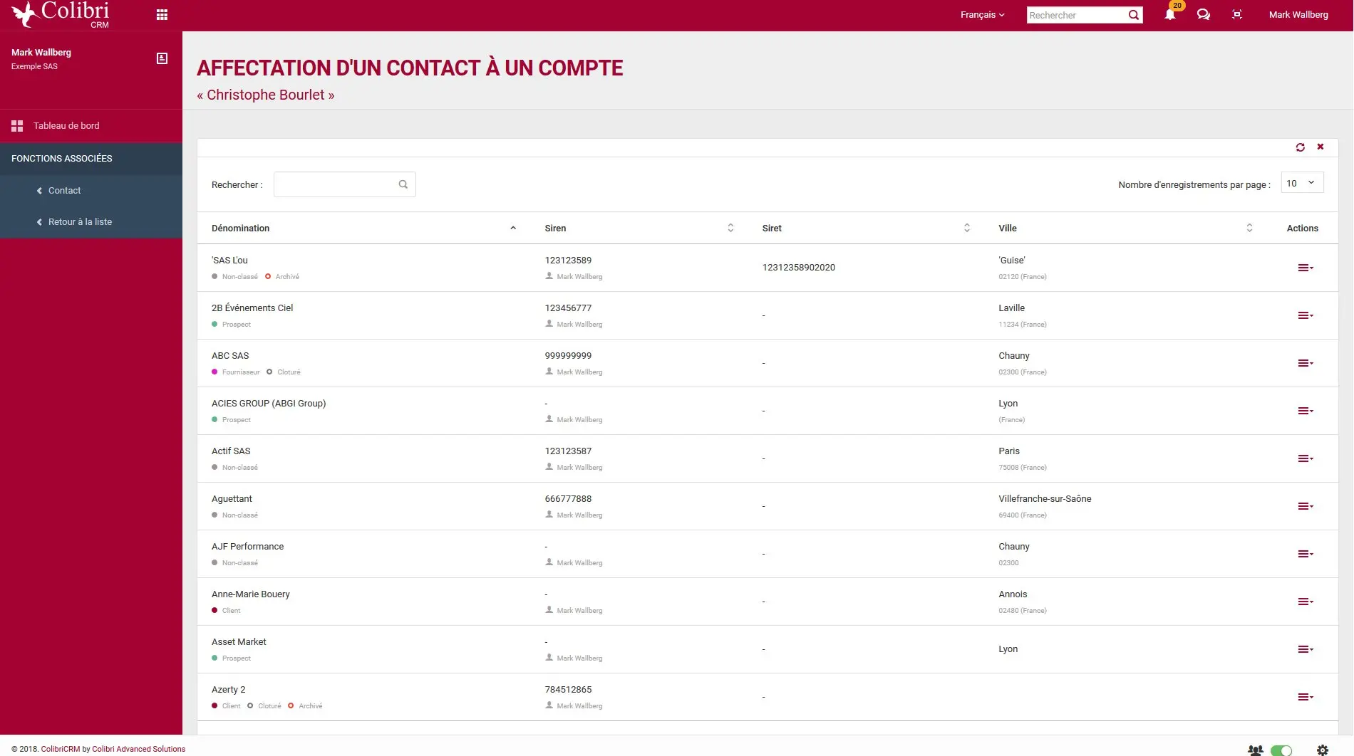 Affectez vos contacts sans compte à vos comptes clients ou prospects existants au sein de votre environnement ColibriCRM.