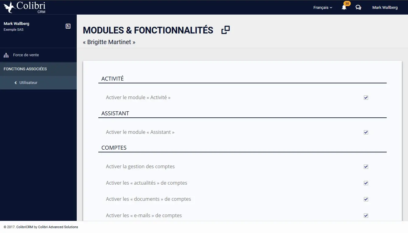 Personnalisez l'environnement ColibrCRM de vos collaborateurs en paramétrant les modules et fonctionnalités en fonction de leurs profils.