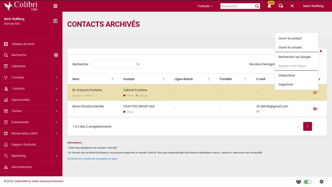 Archivez et supprimez rapidement vos contacts clients ou prospects au sein de ColibriCRM.