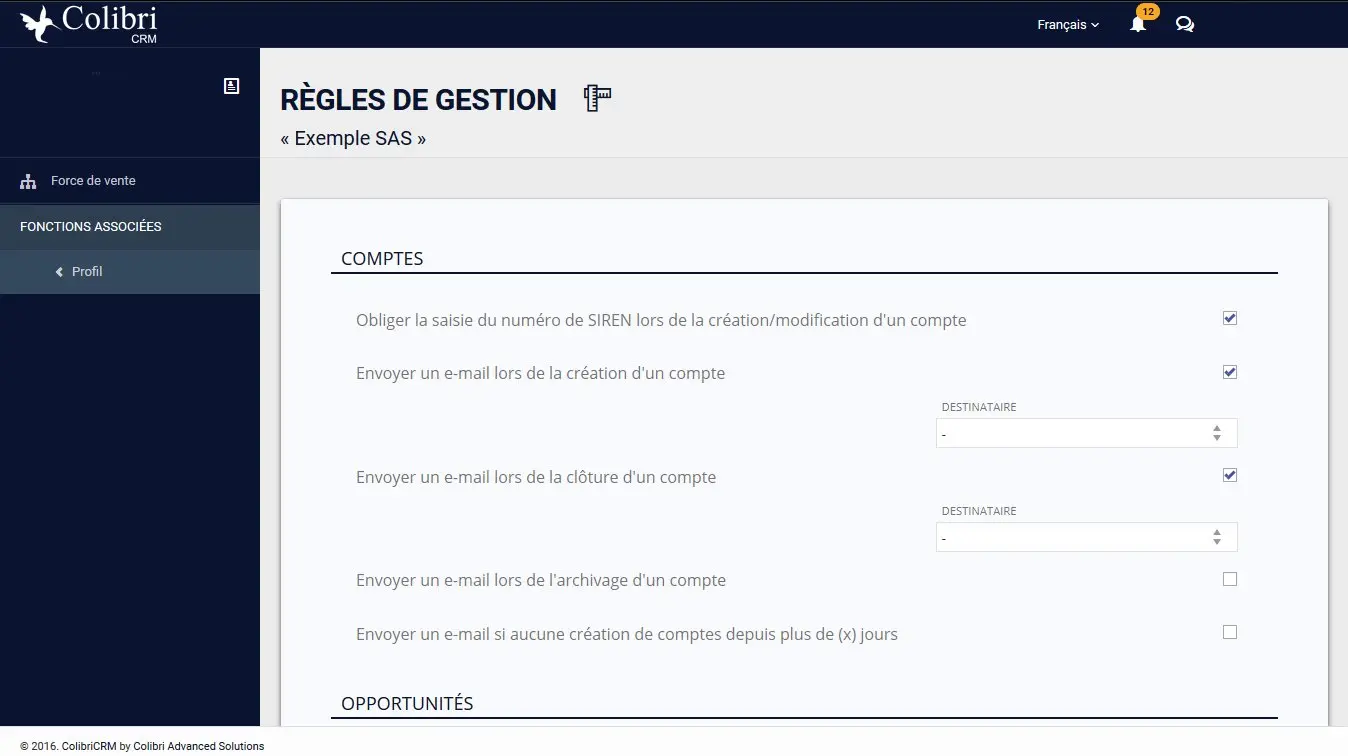 Paramétrez vos règles de gestion : alertes mails, champs obligatoires… ColibriCRM, la solution CRM simple et performante pour votre TPE.