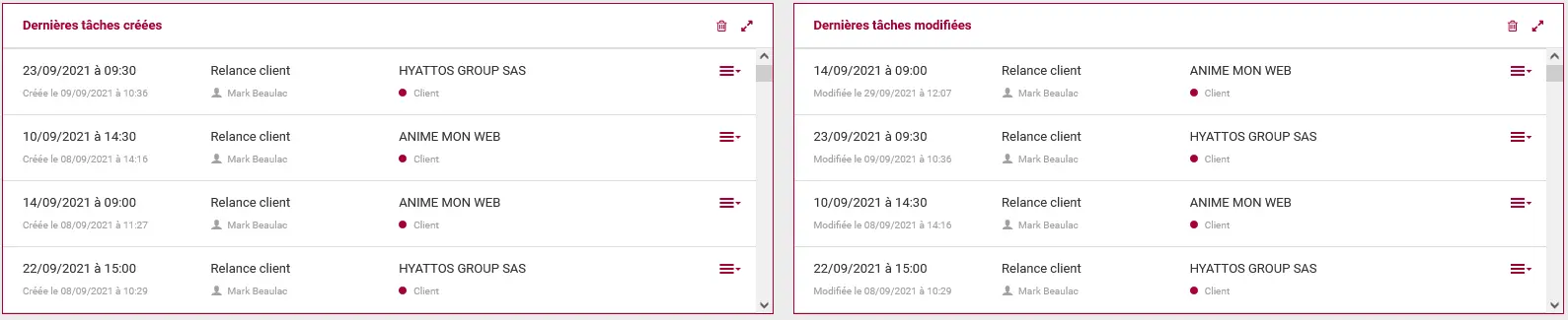 Widget ColibriCRM - Dernières tâches créées ou modifiées