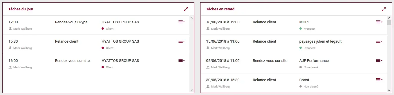 Widget ColibriCRM - Tâches du jour et tâches en retard